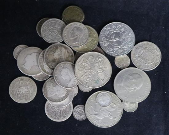 A bag of assorted coinage including a 1937 crown.